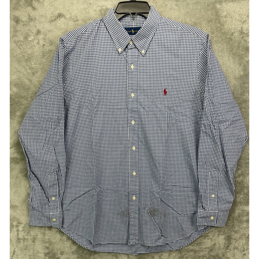 Ralph Lauren Men's‎ Shirt XL Blue Gingham Plaid Cotton Long Sleeve Button Up